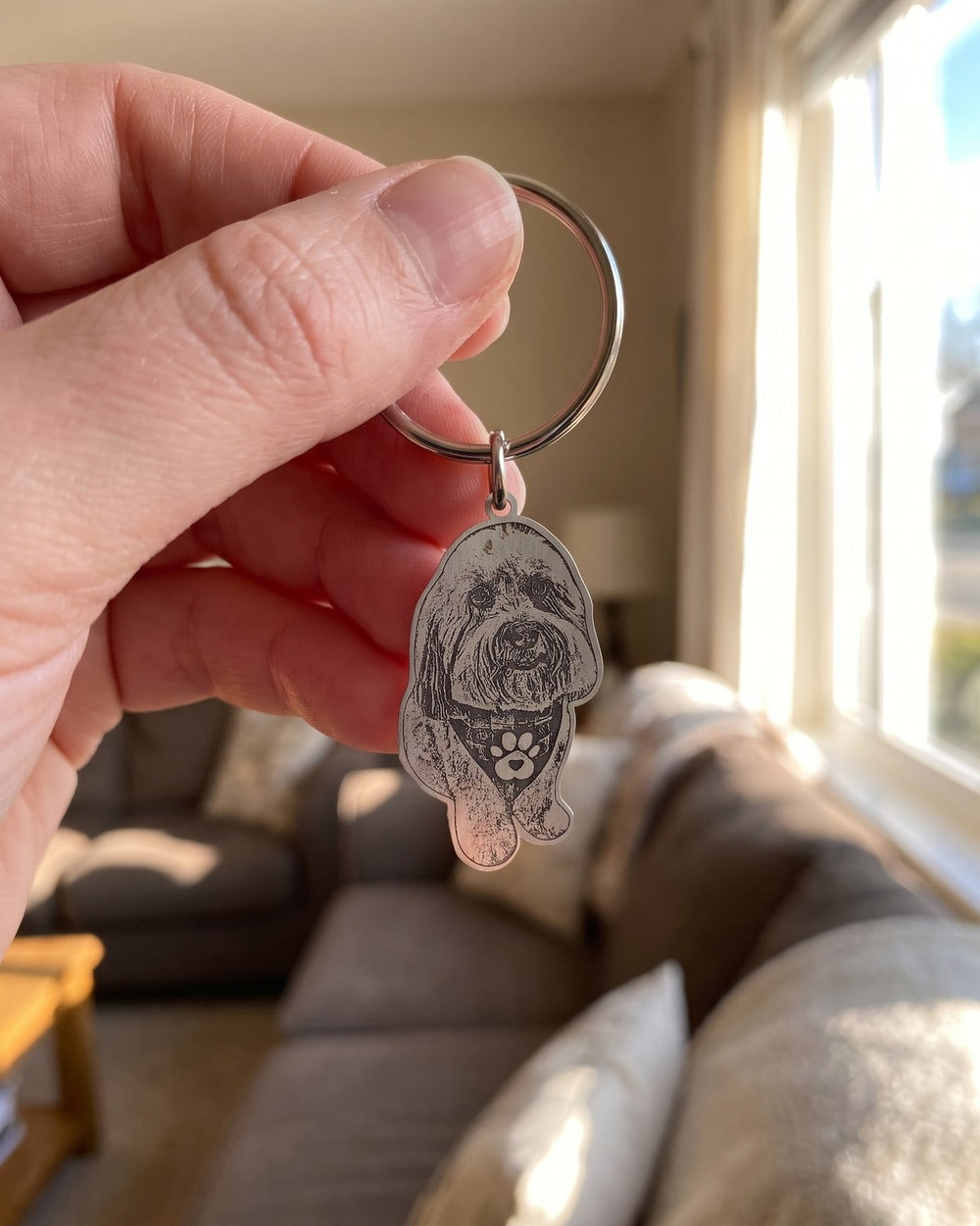 Hand holding up an engraved silver doodle keychain by a sunny window