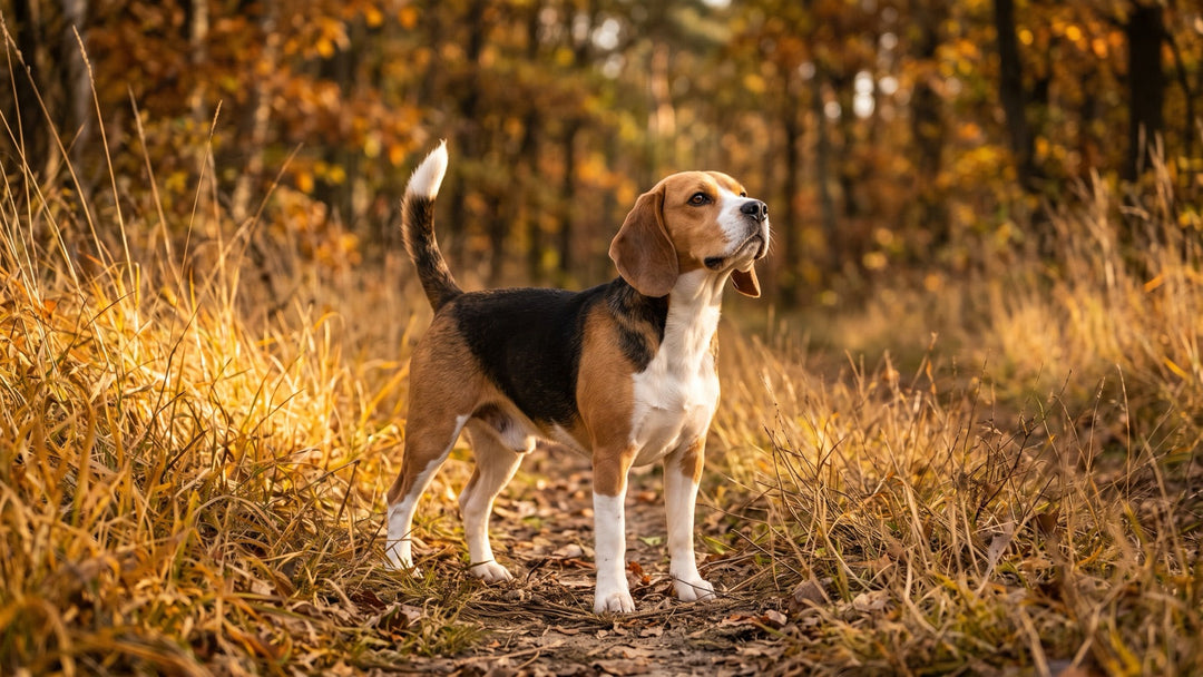 Happy tri-color Beagle with nose lifted on an autumn trail