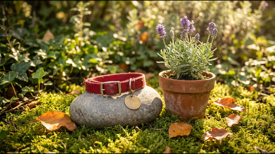 Worn red dog collar resting on a garden stone beside a pot of lavender in warm afternoon light