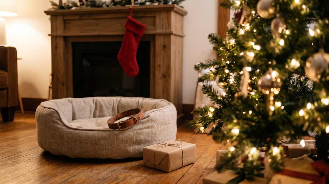 Empty dog bed with a leather collar beside a lit Christmas tree and a red stocking on the mantel