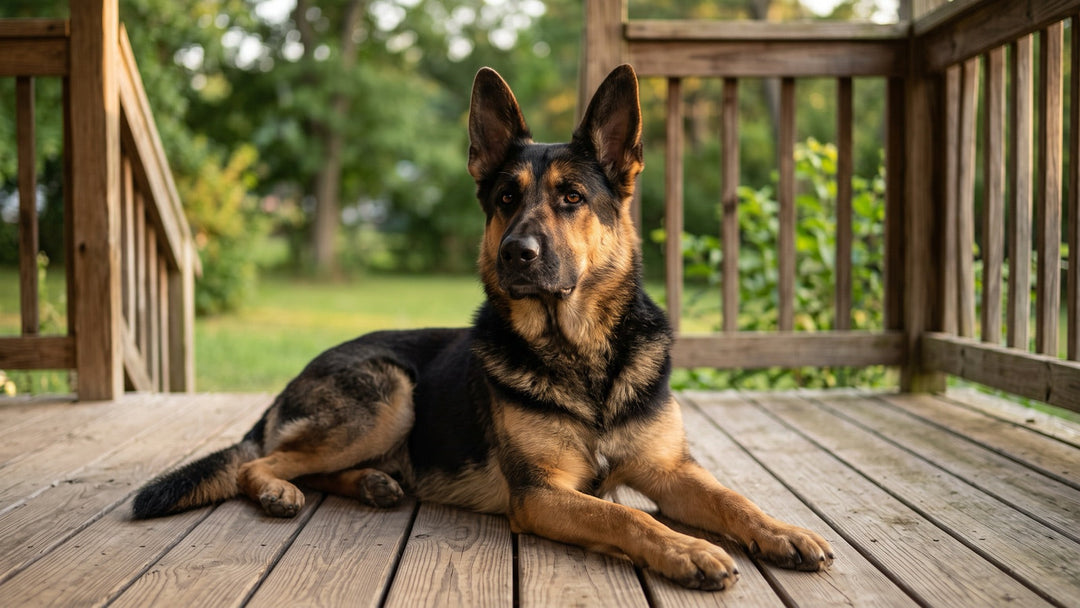 German Shepherd lying on a front porch at sunset, ears up
