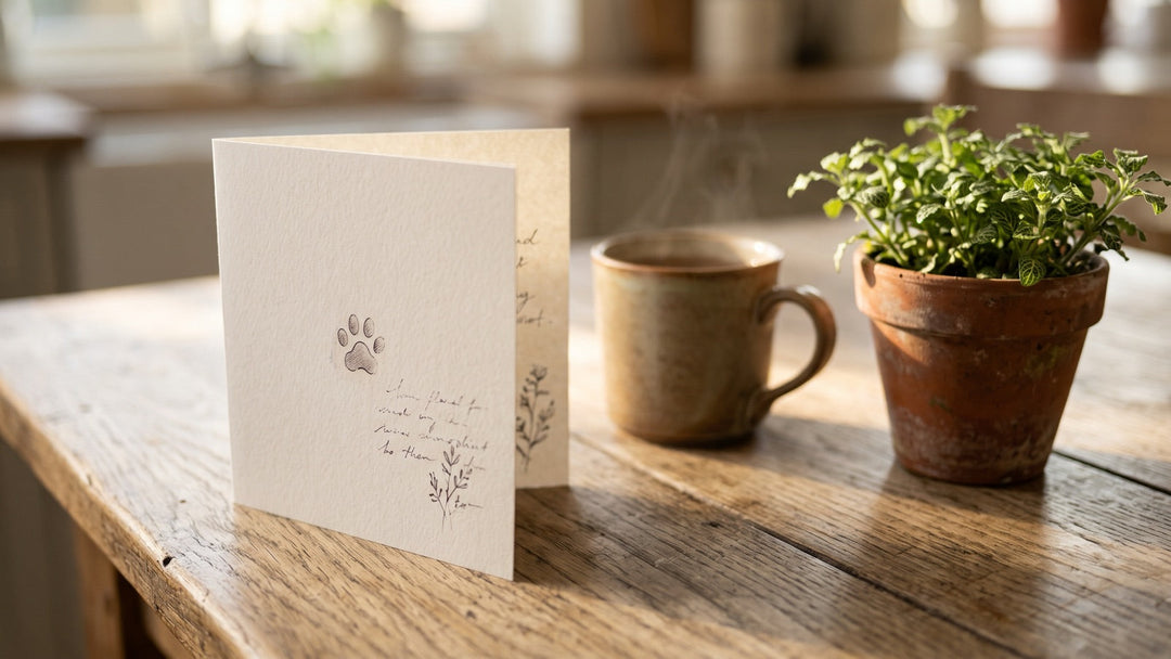 Handwritten sympathy card with a paw print beside a mug of tea and a small plant