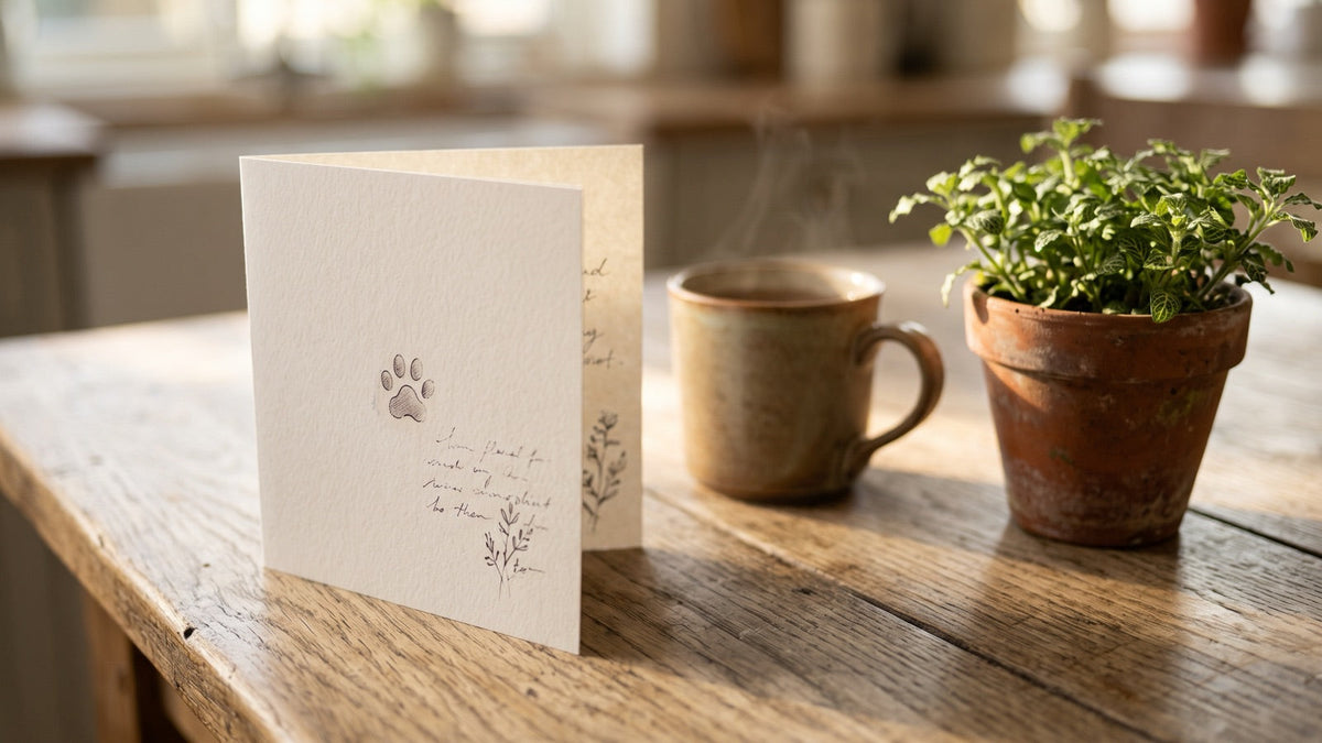 Handwritten sympathy card with a paw print beside a mug of tea and a small plant