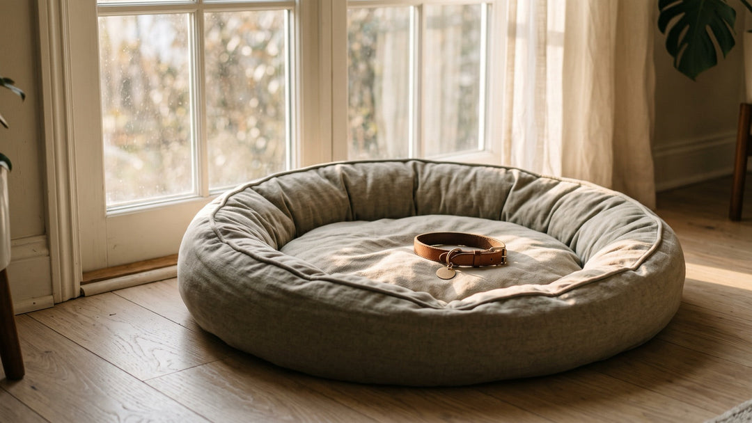 Empty dog bed by a sunny window with a leather collar resting on it