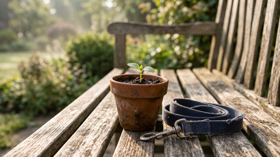 Young seedling in a clay pot on a garden bench next to a folded dog leash