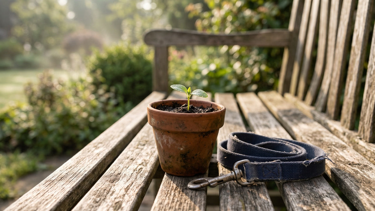Young seedling in a clay pot on a garden bench next to a folded dog leash