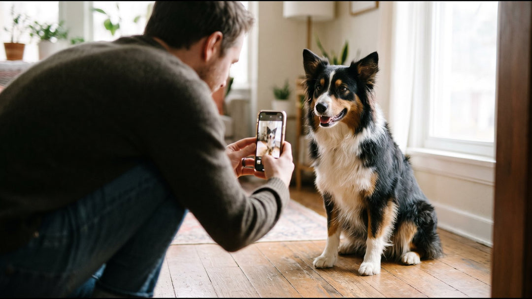 Person kneeling at eye level to photograph a smiling Australian Shepherd with a phone by a bright window