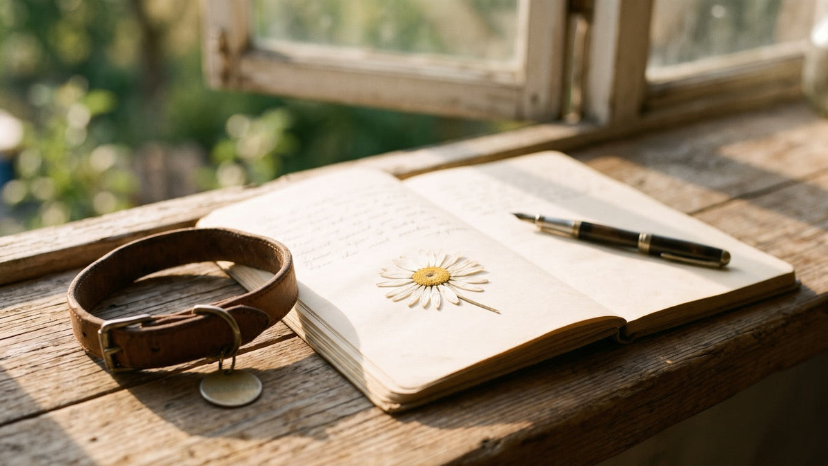 Open notebook on a sunlit windowsill with a fountain pen, a pressed daisy and a worn leather dog collar