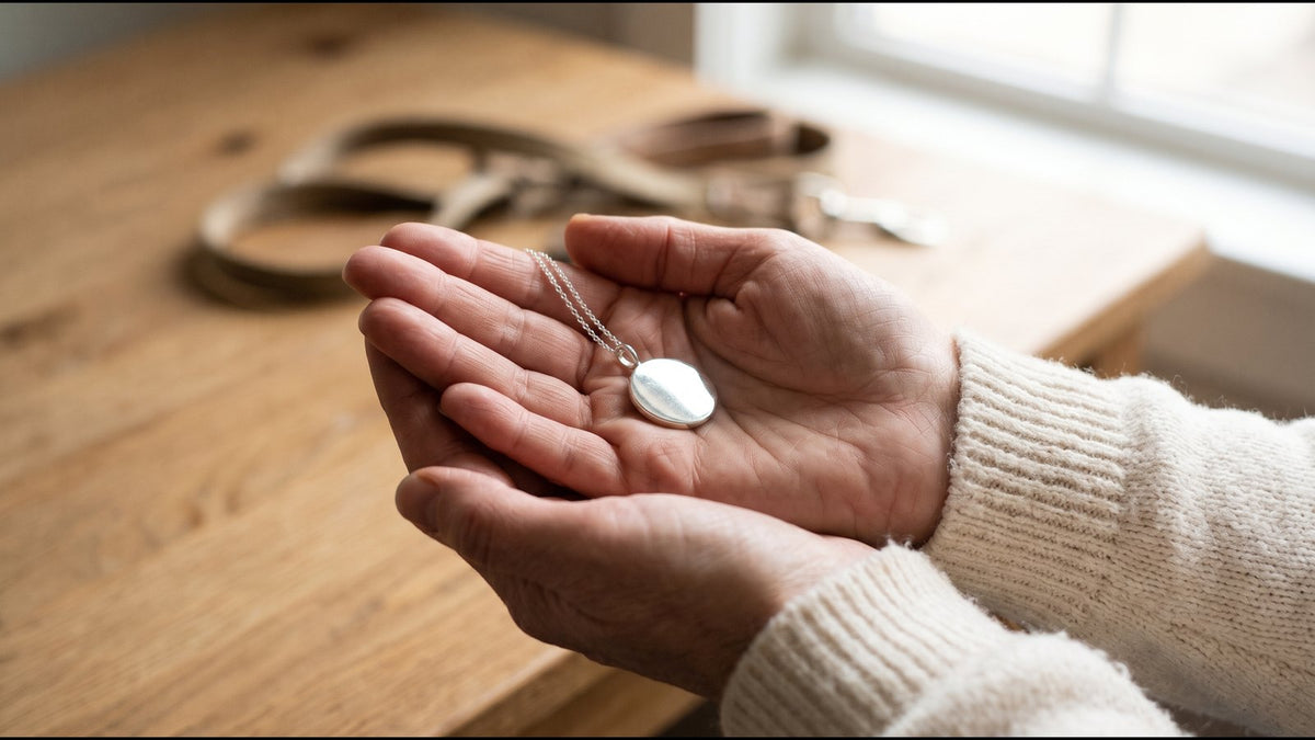 Hands holding a small round silver pendant necklace by a window, with a dog leash on the table behind