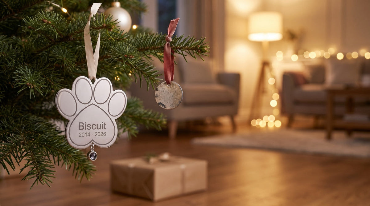 Silver paw print memorial ornament engraved Biscuit 2014 - 2026 hanging low on a Christmas tree beside an old dog tag on a red ribbon