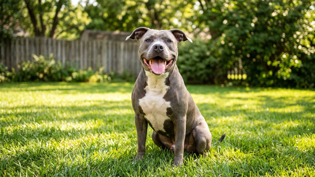 Happy blue and white pit bull smiling on green grass