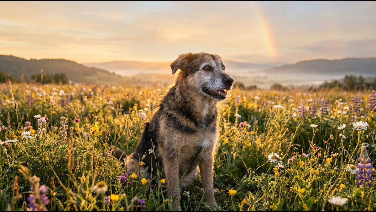 Happy senior dog sitting in a wildflower meadow at sunrise with a faint rainbow in the sky