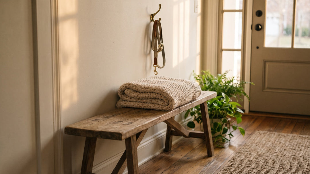 Folded knit blanket on a hallway bench with a dog leash hanging on a hook above it