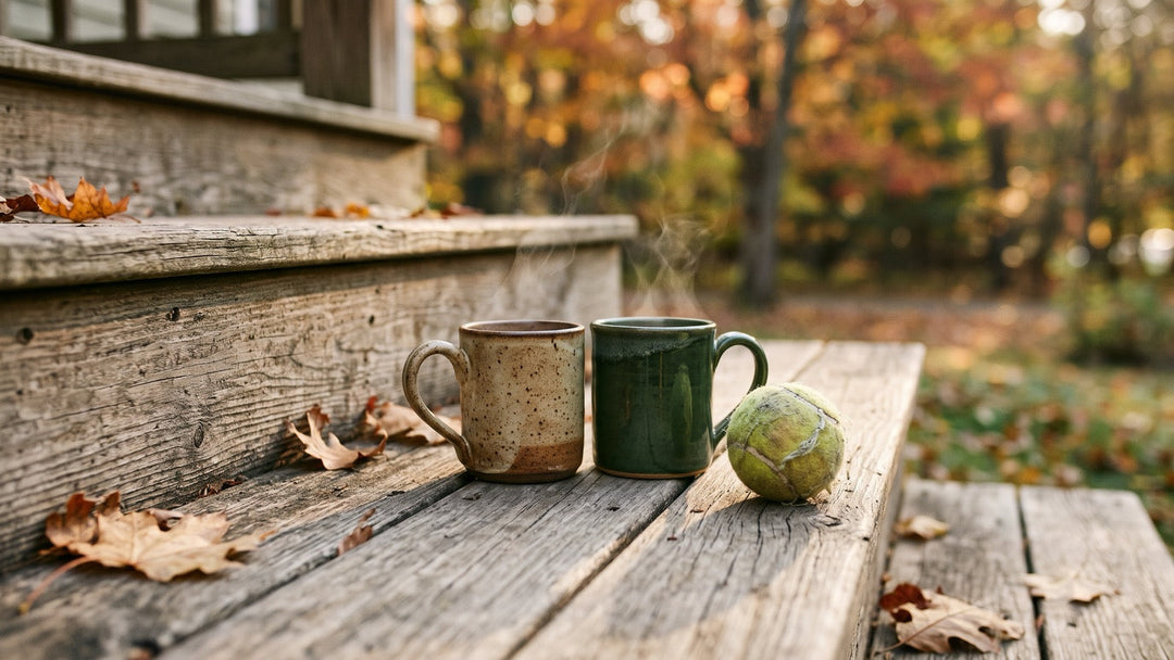 Two coffee mugs on a wooden porch step beside a worn tennis ball in autumn light