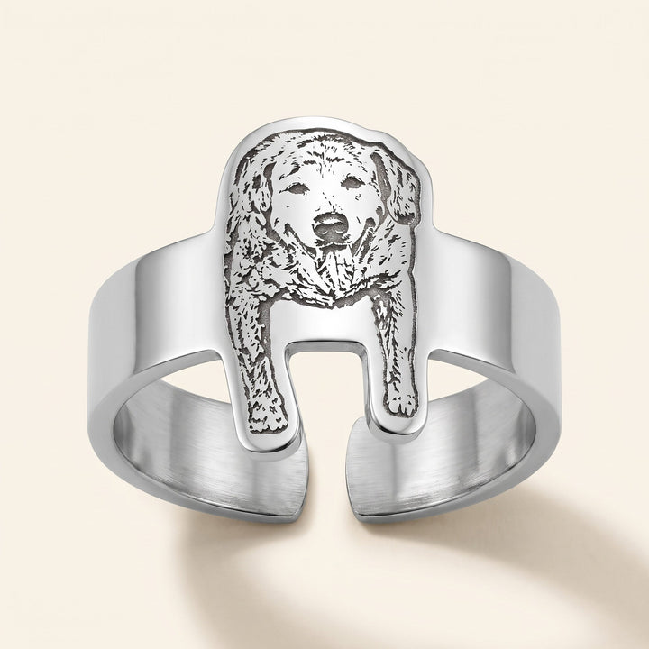 adjustable ring engraved with a pet portrait, silver tone