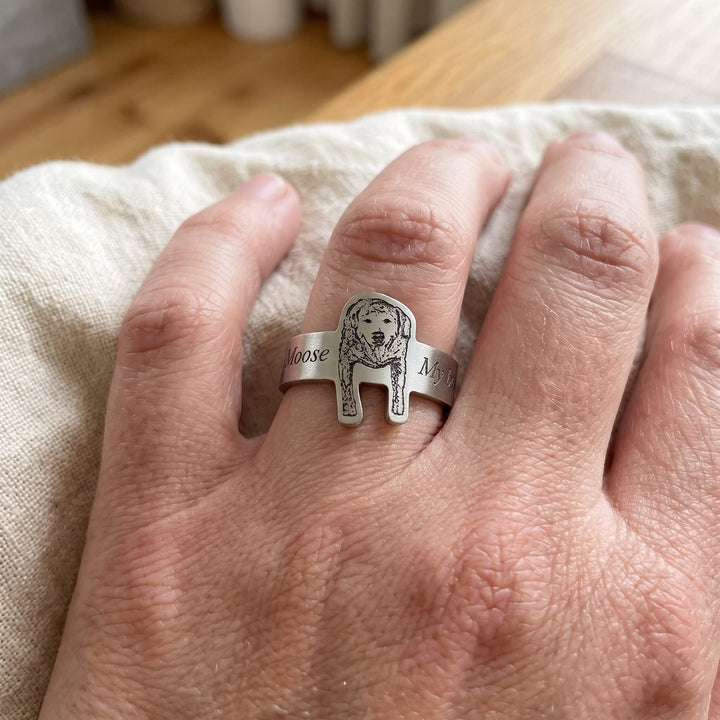 adjustable ring engraved with a pet portrait, worn