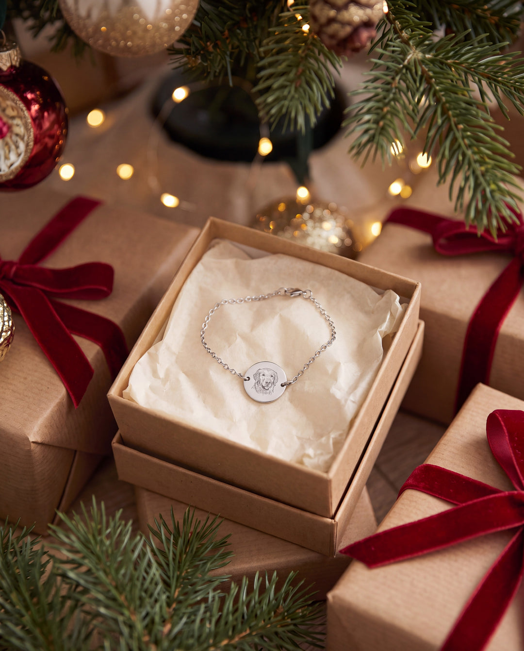 Pet portrait chain bracelet in a gift box under a Christmas tree