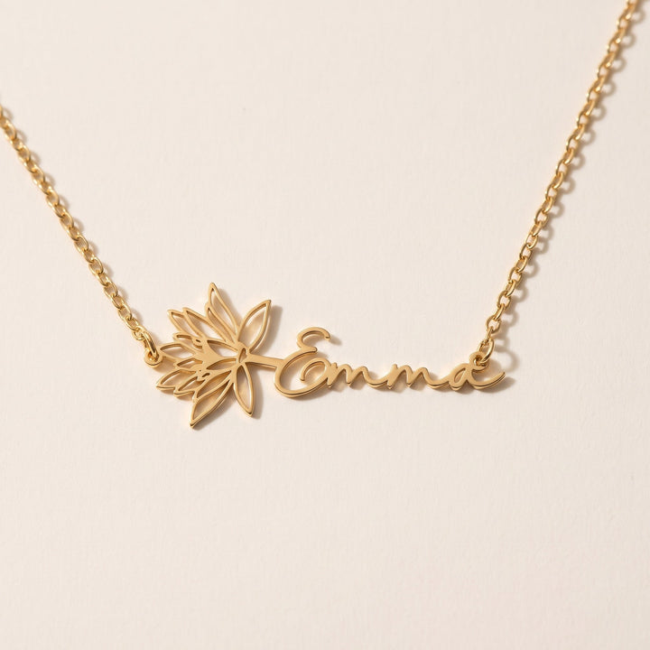 birth flower name necklace, gold tone