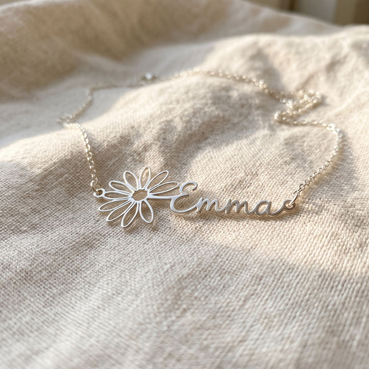 birth flower name necklace, close-up of the name and flower