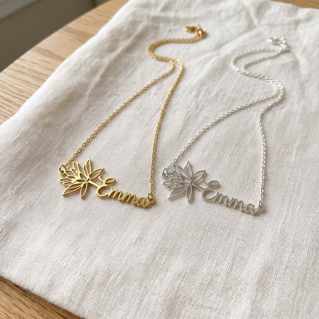 birth flower name necklace, silver and gold side by side