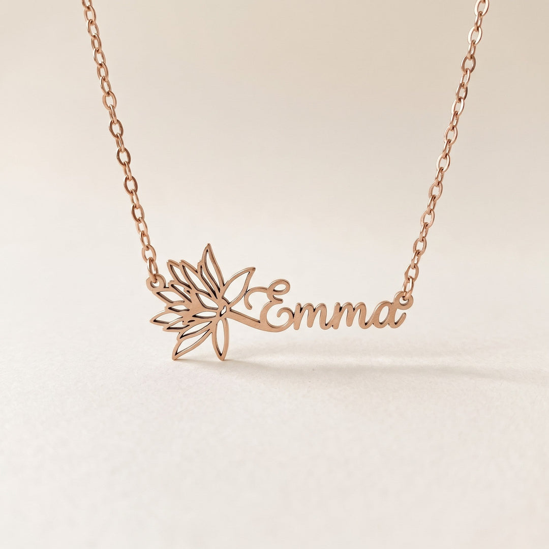 birth flower name necklace, rose gold tone