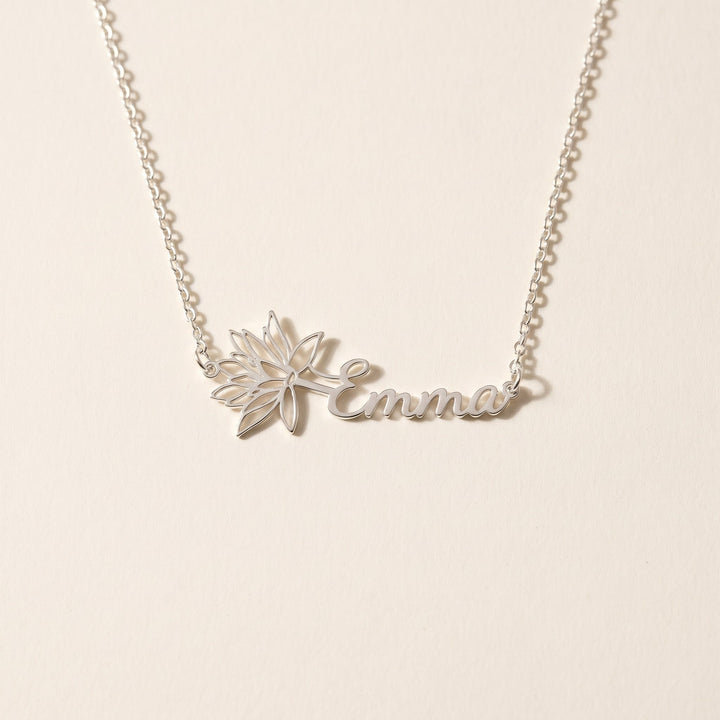 birth flower name necklace, silver tone