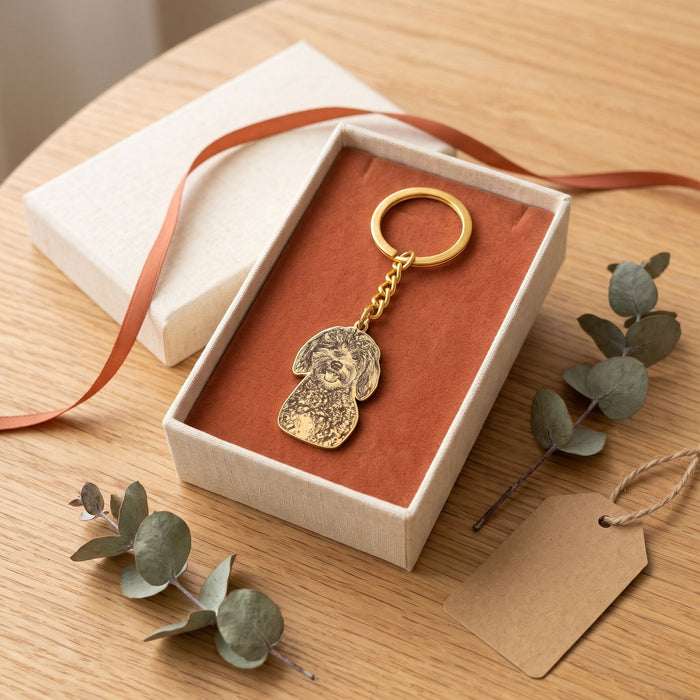 Custom pet photo keychain in a gift box
