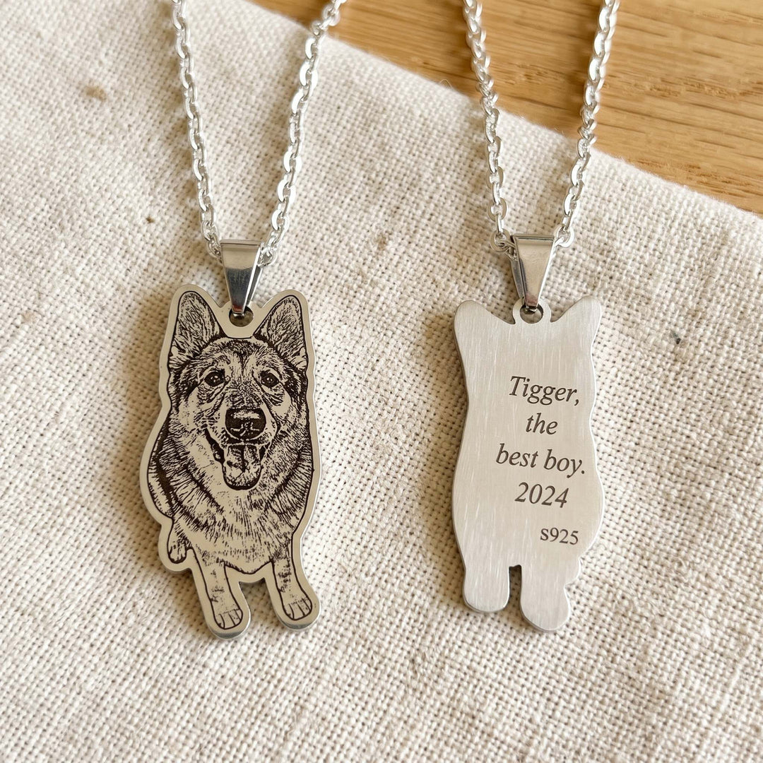 custom pet photo necklace engraved from your photo, front and engraved back