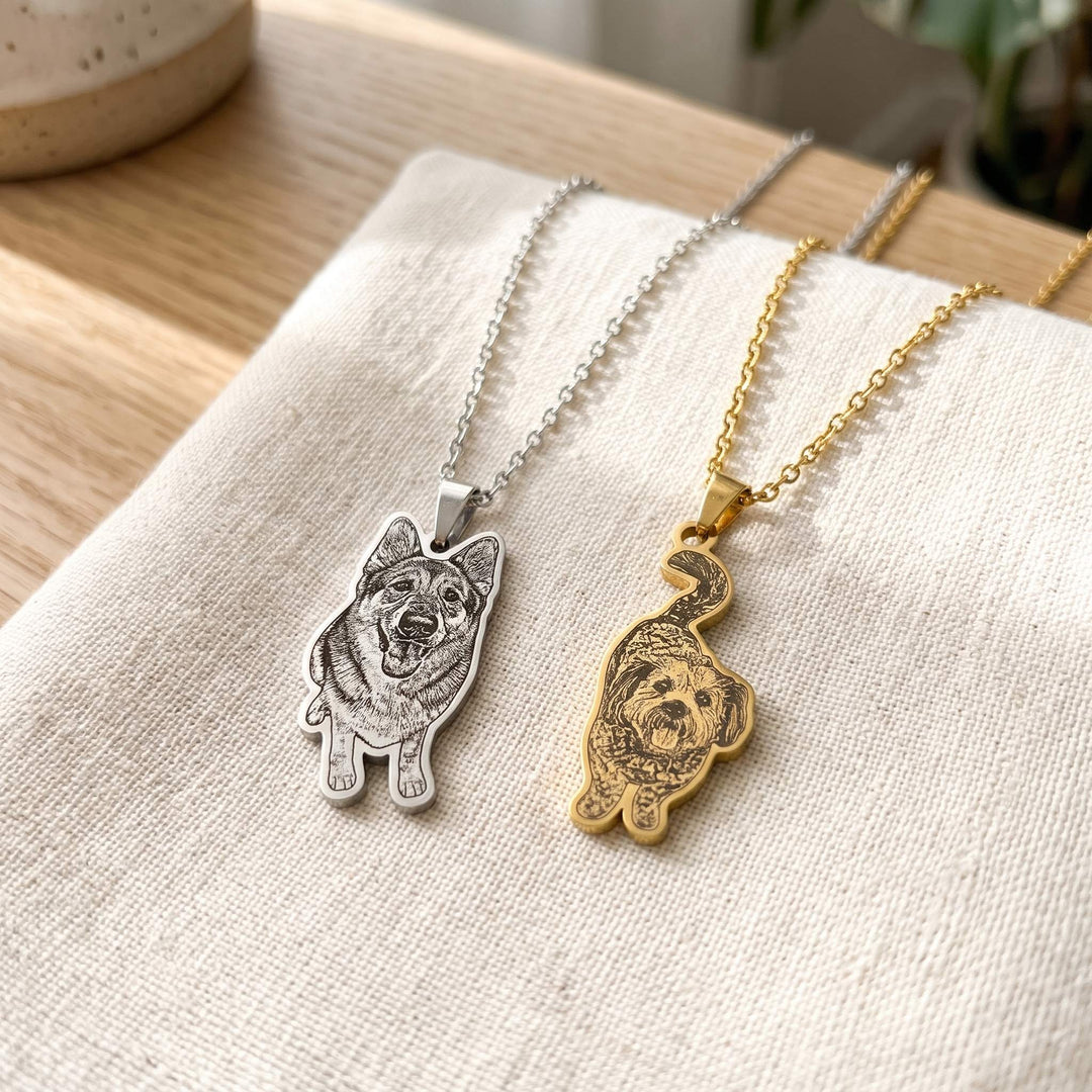 custom pet photo necklace engraved from your photo, silver and gold side by side