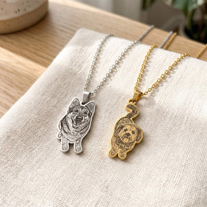 custom pet photo necklace engraved from your photo, silver and gold side by side
