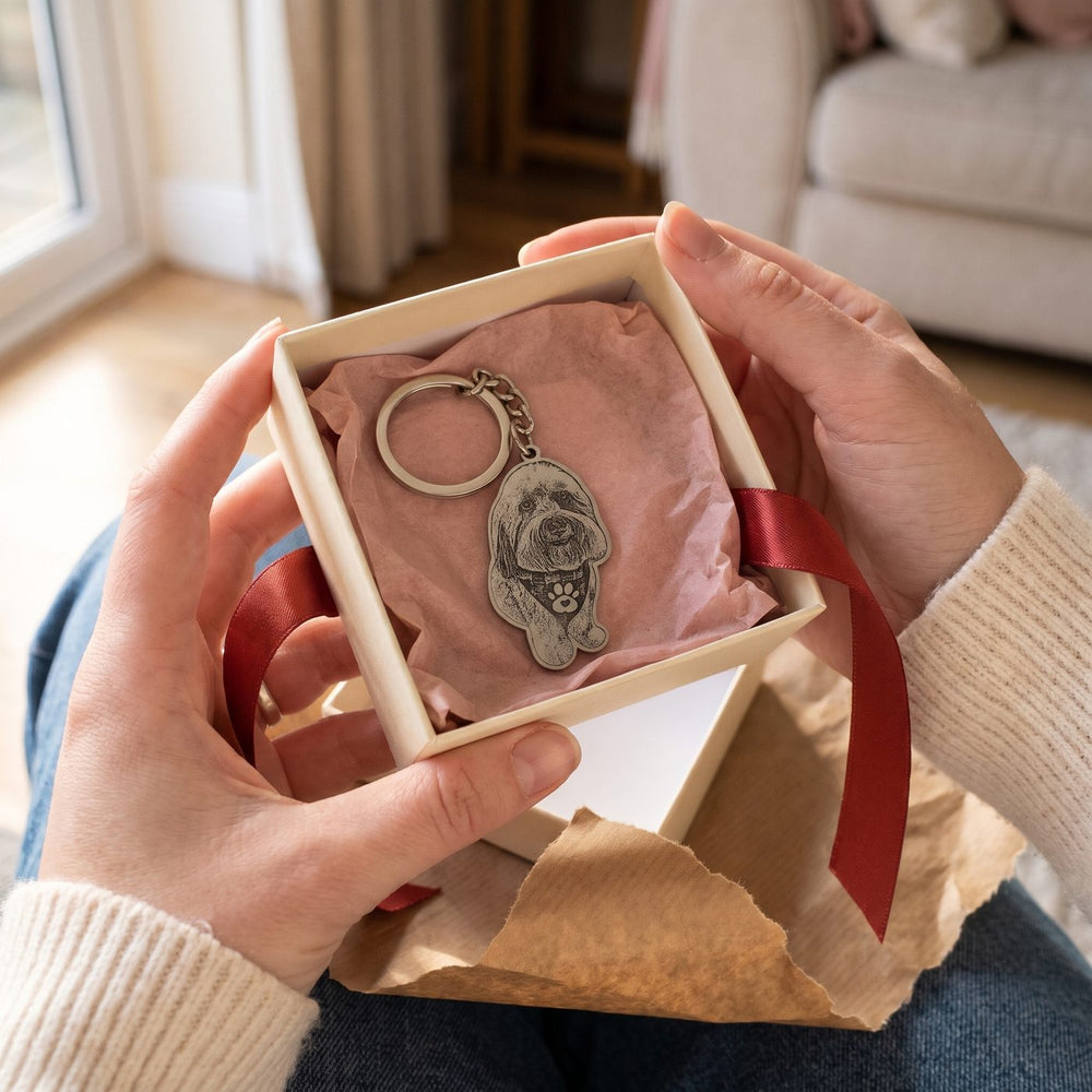 Hands opening a gift box with an engraved pet photo keychain on pink tissue