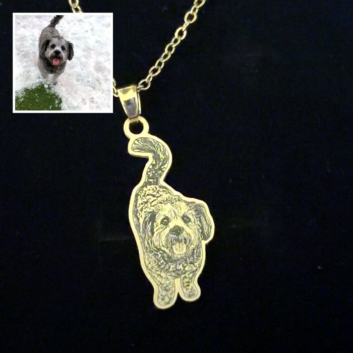 Gold engraved dog necklace with the customer's photo of the dog