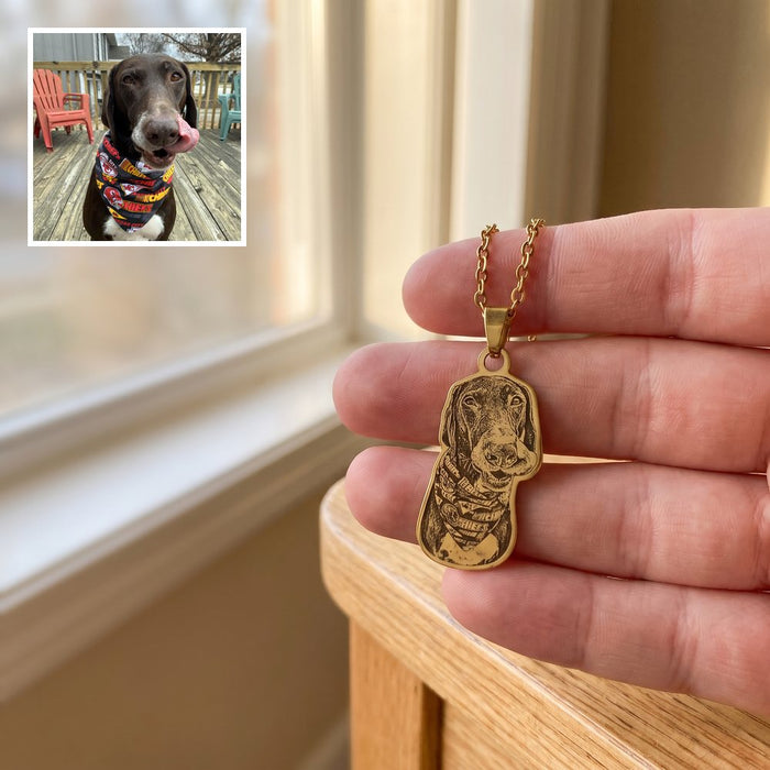 Gold engraved dog necklace with the customer's photo of the dog