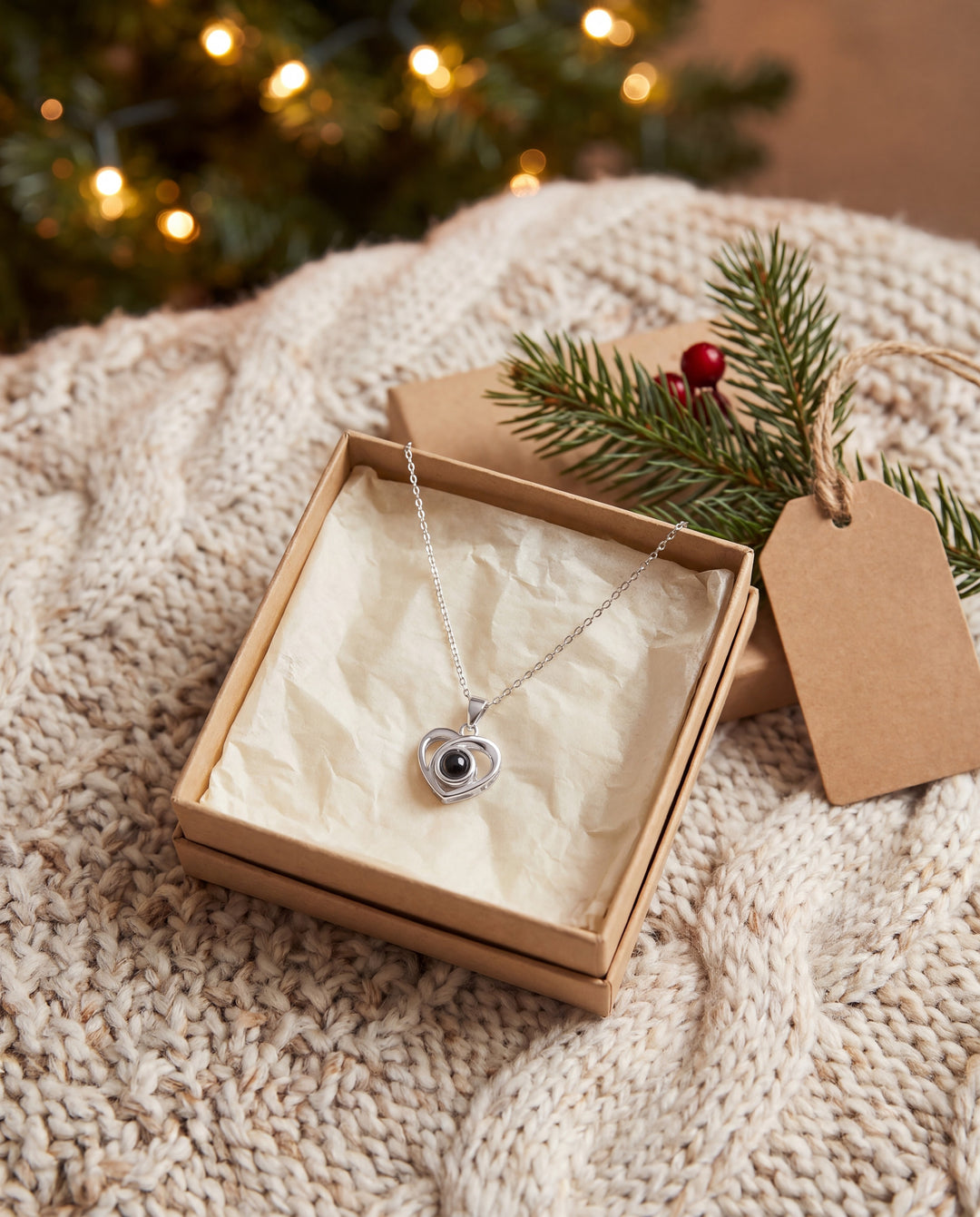 Silver heart projection necklace in a gift box under a Christmas tree