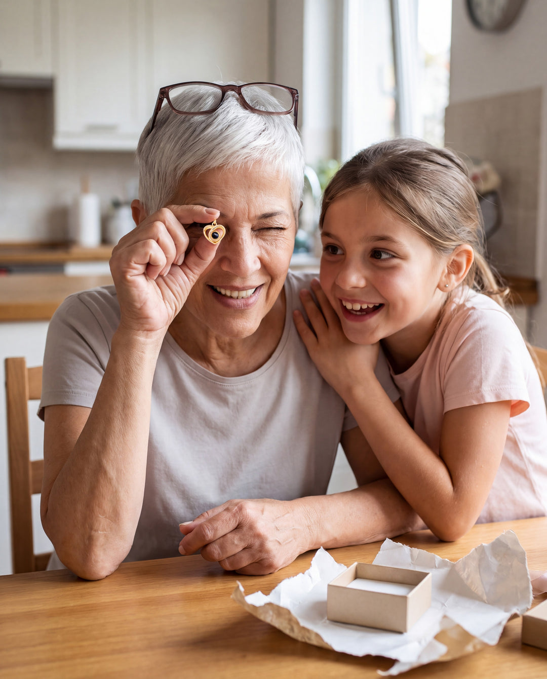 Grandmother looking into the photo stone of her heart necklace while her granddaughter watches