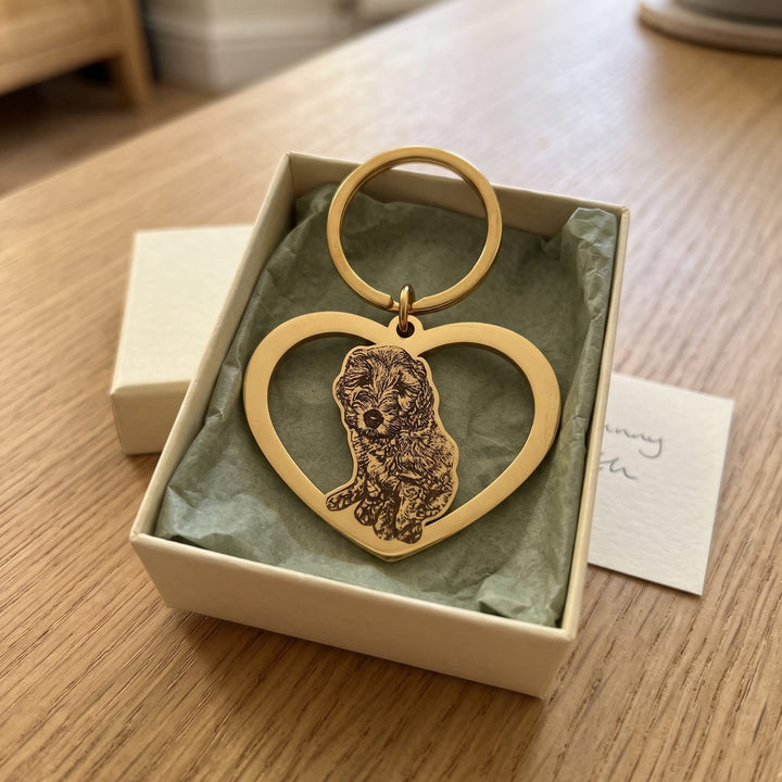 heart keychain engraved with a pet photo, in a gift box