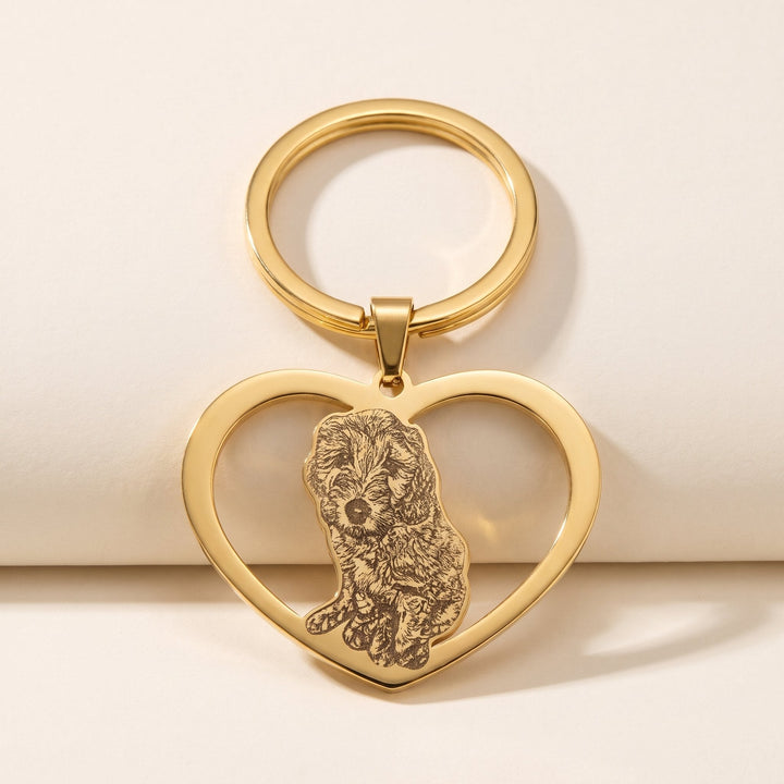 heart keychain engraved with a pet photo, gold tone