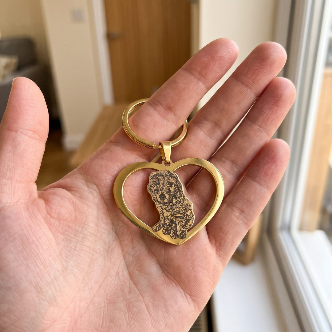 heart keychain engraved with a pet photo, held in a hand to show true size