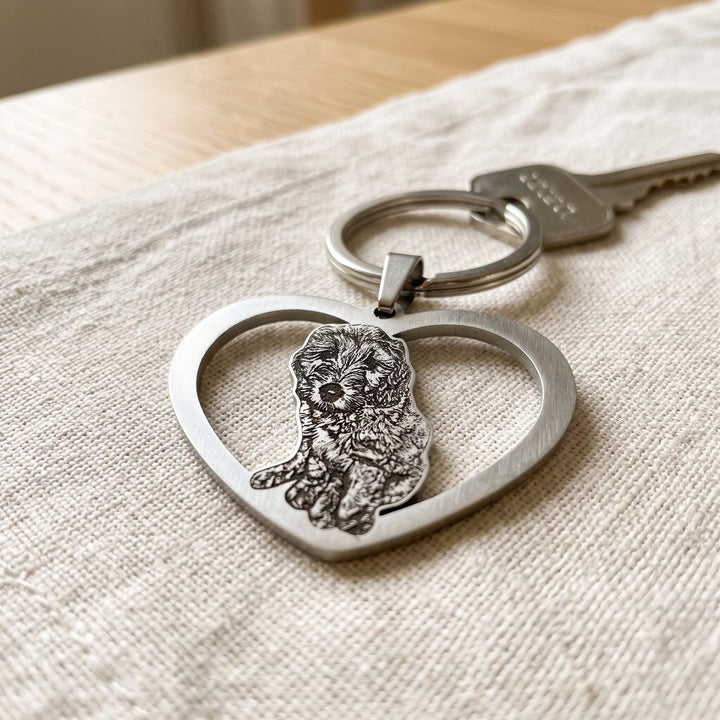 heart keychain engraved with a pet photo, close-up of the engraving