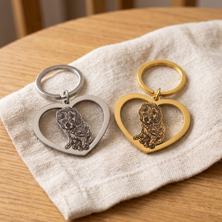 heart keychain engraved with a pet photo, silver and gold side by side