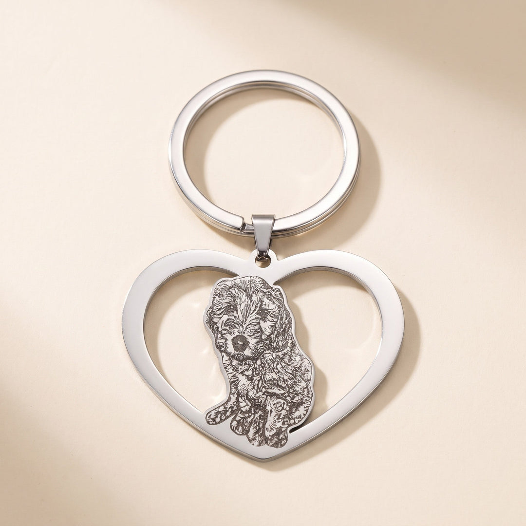 heart keychain engraved with a pet photo, silver tone
