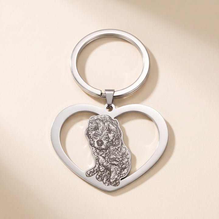 heart keychain engraved with a pet photo, silver tone