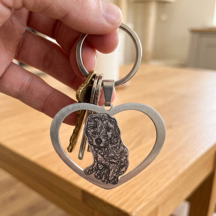 heart keychain engraved with a pet photo, on a set of keys