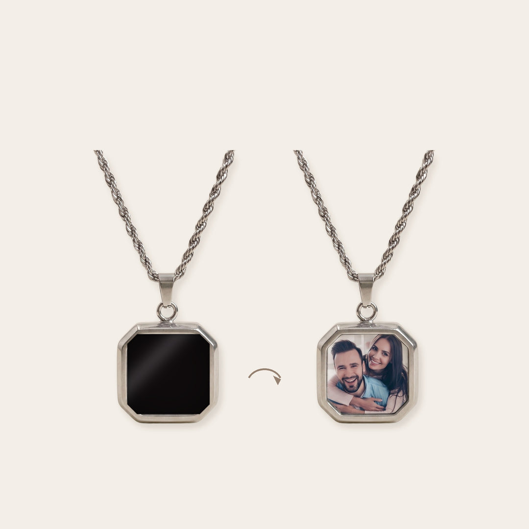 Heat activated photo necklace before and after: plain black glass when cool, your photo appears when it warms