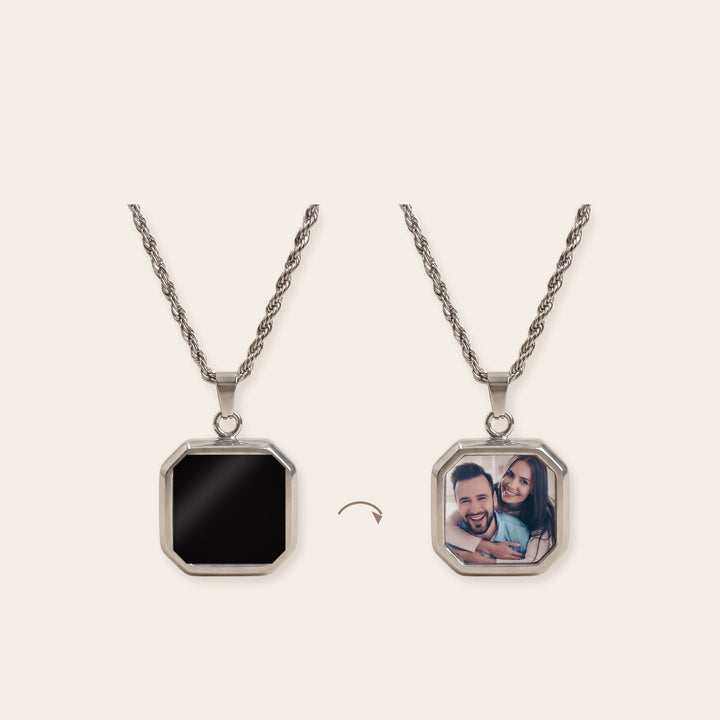 Heat activated photo necklace before and after: plain black glass when cool, your photo appears when it warms