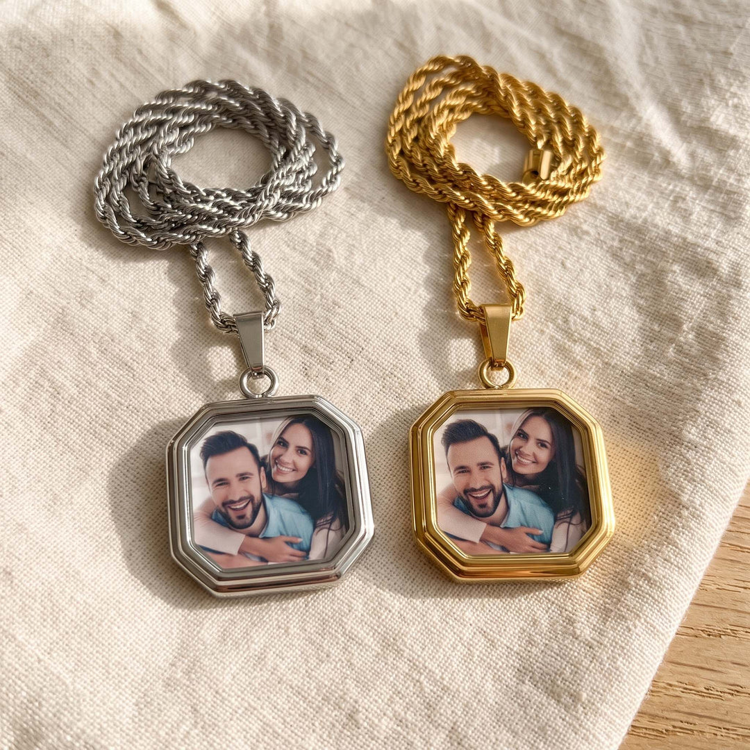 heat activated photo necklace, silver and gold side by side