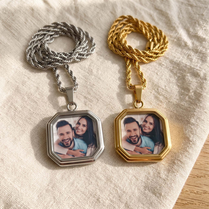 heat activated photo necklace, silver and gold side by side