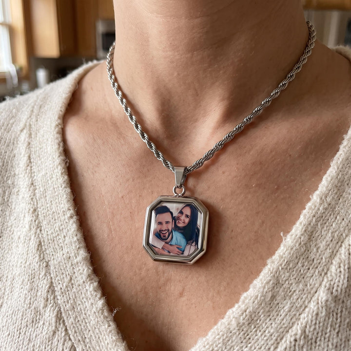 heat activated photo necklace, worn