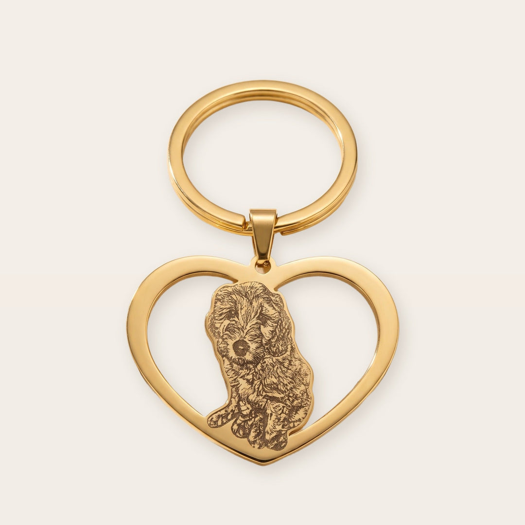 Heart pet photo keychain, gold tone, on a plain background