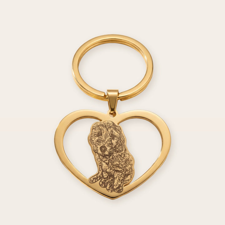 Heart pet photo keychain, gold tone, on a plain background